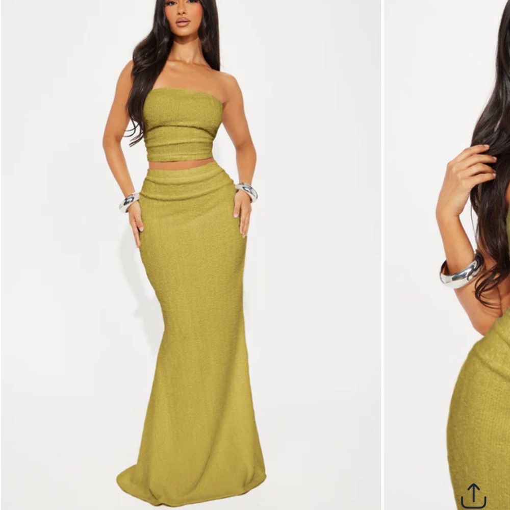 Fashion Nova Green and Yellow Maxi Trumpet Skirt Set